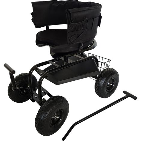 Siège de Jardin Roulant, Hauteur réglable, 150 kg, Rangement, Guidon, Coussin, Dossier, Chariot de Jardin Noir (1/5)