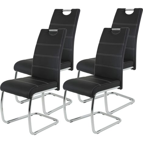 Tische, Lot De 4 Chaises Luge Pour Cuisine, En Simili Cuir Noir, Poignée En Creux, Armature Métallique Chromée, 42 x 57 x 98 cm (1/5)