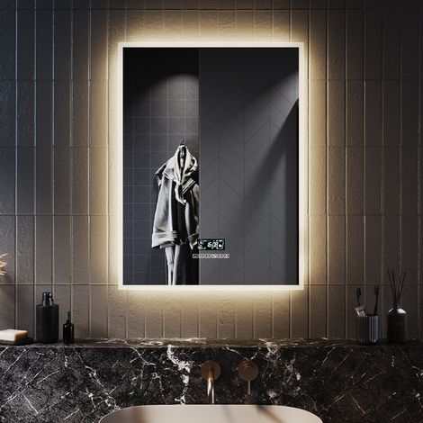 ELEGANT Bathroom LED Mirror with Shaver Socket Backlit Wall Mounted Bathroom Mirror with Bluetooth Clock DateDemister Pad 600x800 For Shaving Makeup