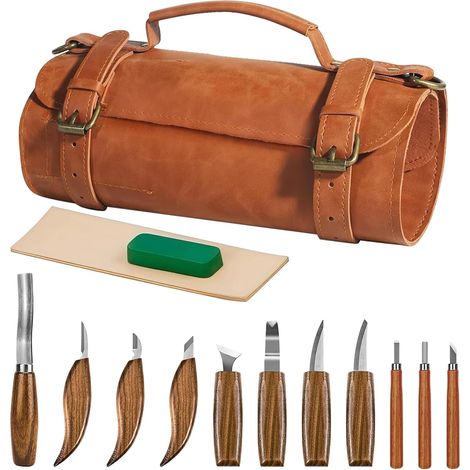 Kit de sculpture sur bois avec couteau de sculpture, couteau de détail, pierre à aiguiser et cuir et étui en cuir pour enfants, adultes, cadeau (1/5)