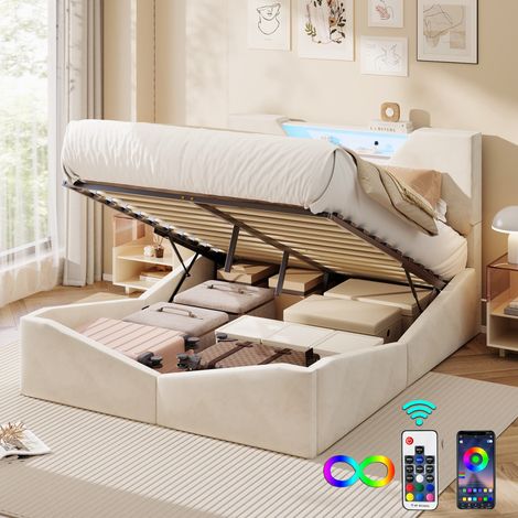 Cama canapé 140x200 cm, con cabecero triangular y almacenaje, iluminación LED ajustable, tela de terciopelo, estilo moderno y minimalista - Beige