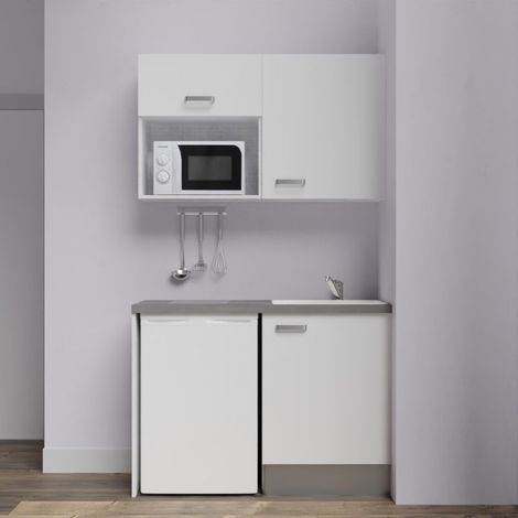 Kitchenette K07L-PT - 120 cm avec plan de travail et évier, emplacements frigo et micro-ondes - Façade Blanc - Plan Gris béton - Evier Inox - Crédences Non (1/4)