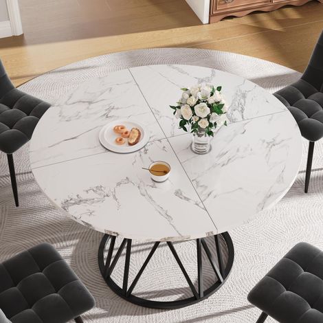 Runder Esstisch (100×100×76cm), Küchen-Esstisch, runder Couchtisch für 4 Personen, geeignet für Esszimmer, Wohnzimmer, stilvolle Tischbeine aus Metall, Tischplatte aus MDF-Marmor, schwarz (1/5)