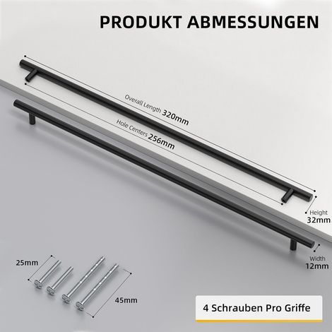 Juego de 5 tiradores para muebles - Acero inoxidable - Acabado negro mate - Para cocina y baño - Distancia entre centros: 256 mm - Longitud: 320 mm (1/5)