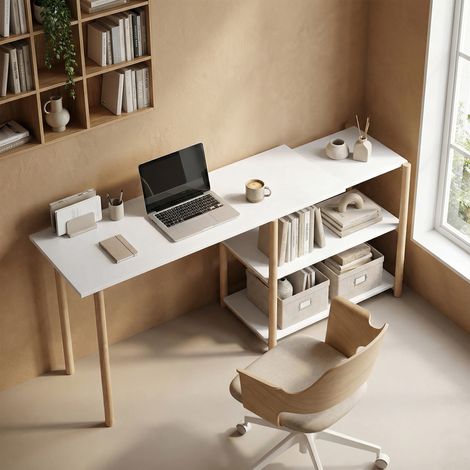 Bureau d'ordinateur pliable, bureau gain de place avec étagères et cadre en bambou (1/5)
