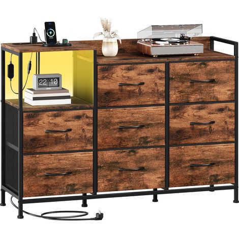 Commode 8 tiroirs avec LED et prises USB/Type-C, meuble rangement bois et métal (1/5)