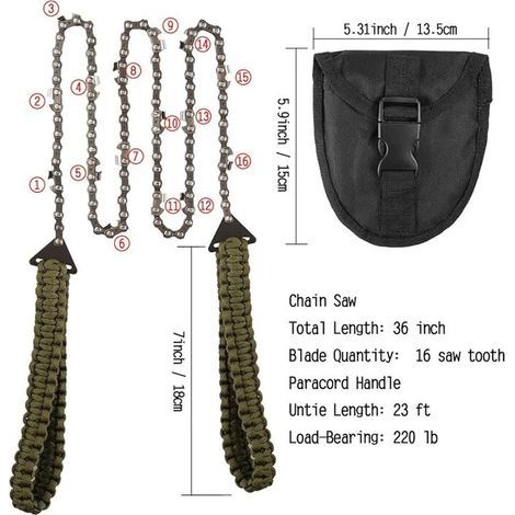 (36inch-16teeth)Portatif Tronçonneuse Scie à Main avec poignées de Corde Parachute Multifonction Trousse en Nylon, Câble Scie pour la Survie Gear, Le Camping, la Chasse. (1/4)