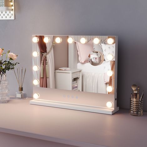 SONNI Espejo Hollywood con Iluminación Función USB  y lupa con Bluetooth 15 Luces Regulables 3 Modos de Luz Espejo de Maquillaje con Iluminación 58×45 cm (1/4)