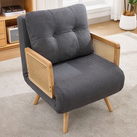 Fauteuil transformable 3-en-1, siège inclinable et lit d'appoint, chaise longue moelleuse à dossier 5 positions, repose-bras en osier, gris. (1/5)