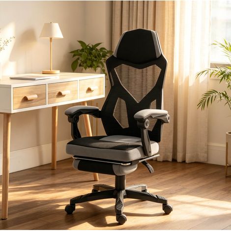 Silla de oficina gaming ergonómica, respaldo alto, altura regulable, negro y gris DESVIAE (1/5)
