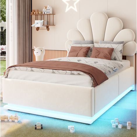 Etagenbett 90/200 cm beige in velluto con contenitore idraulico, LED e testiera floreale (1/5)