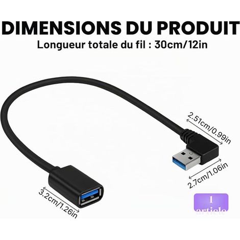 USB 3.0 Extension Cable 90 Degree USB-A Short 30cm USB A Plug 90° Angled USB Male Female Extension for PC, Laptop, TV, PS4 (1/2)