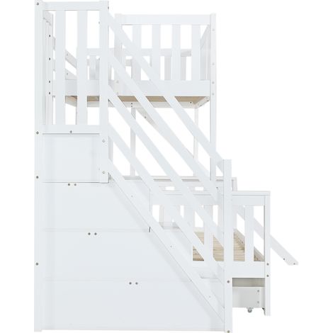Etagenbett für Kinder mit Rutsche, Fenstern, Stauraumtreppe, weiß, MDF, 90x200 (1/5)