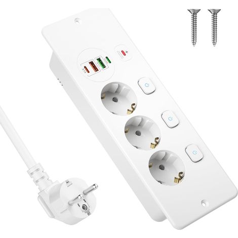 Multiprise encastrable avec port USB-C PD 20 W, 3 prises commutables individuellement, câble de 2 m, idéale pour table de conférence, plan de travail ou établi, blanche. (1/5)