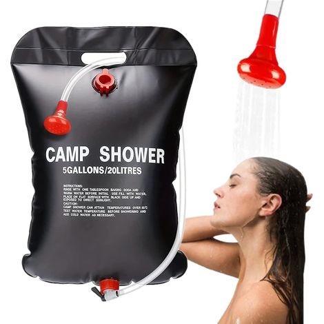 Sac Douche Solaire Camping 20L – Chauffé Solaire, Tête Amovible 45°C, Noir (1/5)