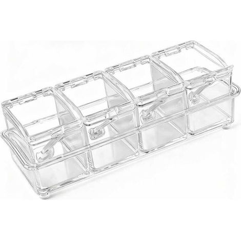 Un ensemble comprend 4 pots à assaisonnement, un pot à épices avec une cuillère en plastique, un couvercle et une cuillère pour conserver le sel, le poivre, le sucre et les épices.