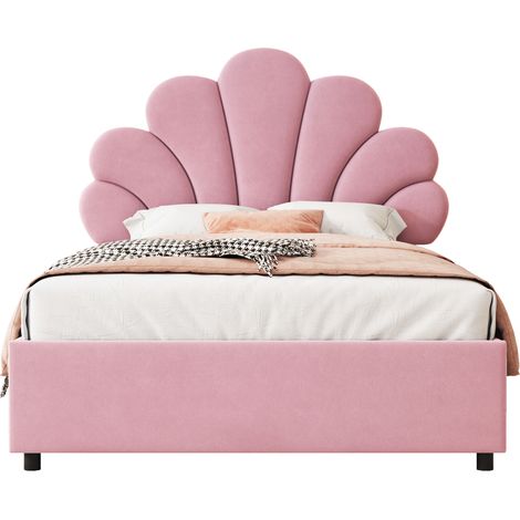 Lit Coffre Lit Simple 90×200 cm avec Tête de Lit Réglable et Rangement Hydraulique, sans Matelas, Rose (1/4)