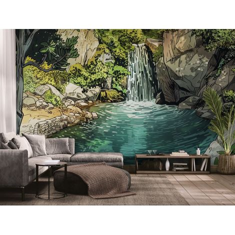 Papier peint illustre cascade paisible au coeur vegetal - 150 x 250 cm (1/2)