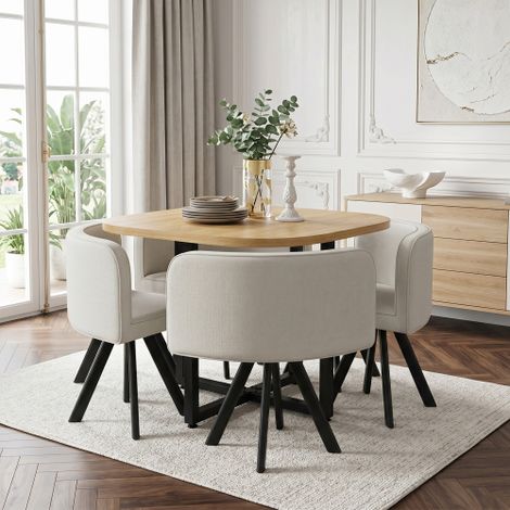 Esstisch und Stuhlset für 4 Personen,bestehend aus einem Esstisch (85 x 85 cm) und vier mit Leinen bezogenen Stühlen, geeignet für Küche und Esszimmer (Eichentischplatte + Beige Stühle)
