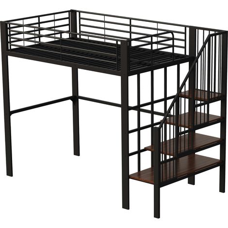 Cama alta 140 x 200 de metal con escalera y almacenaje bajo la cama negra (1/5)