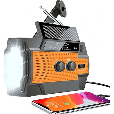 Radio météo d'urgence AM/FM/WB, manivelle 4 000 mAh, énergie solaire, 3 lampes torches LED, alarme SOS, chargeur USB pour téléphone - Orange (1/5)
