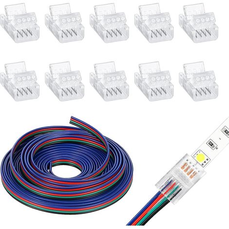 5m Câble d'extension Bande de LED 4 Broches, 22AWG 5V-24V avec 10 Connecteurs Rapides Ruban LED sans Soudure pour RGB 5050 10mm, Câble Alimentation Multicolore pour Éclairage Bande Flexible Intérieur (1/5)