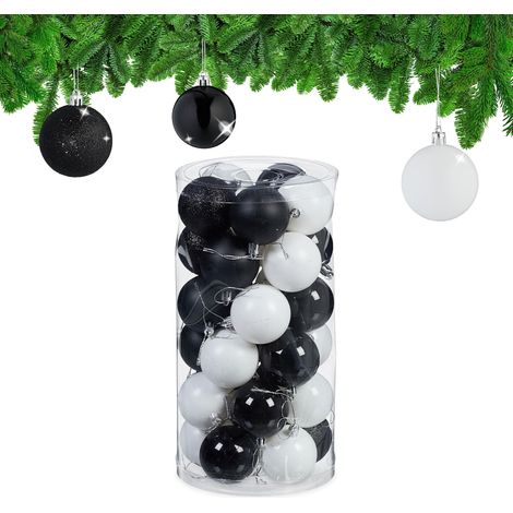 50 Boules de Noël, en Plastique Robuste, pour décorer Le Sapin, diamètre de Chaque : 6 cm, Noires et Blanches (1/5)