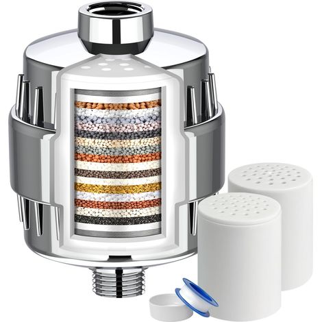 Pommeau douche filtrant 20 niveaux eau dure, avec 2 cartouches, élimine chlore fluorure métaux (1/4)