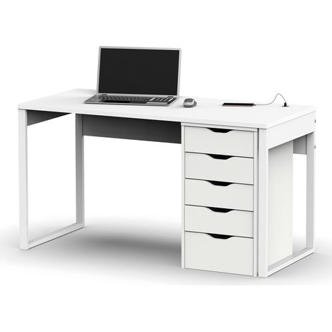 Bureau avec commode de rangement coloris blanc - Hauteur 76 x Longueur 135 x Profondeur 60 cm / Hauteur 71 x Longueur 40 x Profondeur 43 cm -PEGANE-