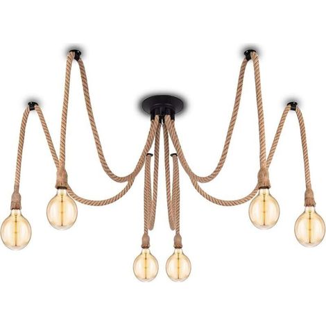 Suspension Industrielle avec Câble Textile - Bricolage Chanvre Corde Rétro Vintage Lustre 6 X 2 Mètres avec Support de Lampe E27 pour Salle à Manger, Hall, Restaurant, Bar, Café (sans