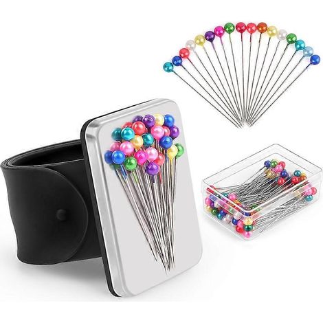 Magnetisches Stecknadelarmband mit 100 3,8 cm (1,5 Zoll) langen Kugelkopf-Nähnadeln und Silikon-Stecknadelhalter zum Quilten. (1/5)