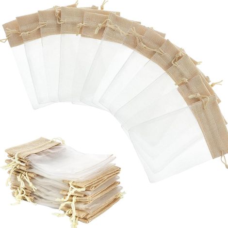 40 bolsitas de organza con ribete de yute y cordón ajustable, 10 x 15 cm (1/5)