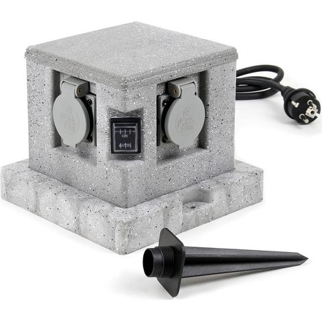 Wiltec Multiprise de jardin quadruple – 4 prises – 194 x 194 x 165 mm – Design granit – en PP – avec Câble 1,5 m et Capteur crépusculaire – Utilisation extérieure IP44 Outdoor (1/5)