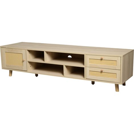 TV-Möbel aus Holz und Rattan 160 cm für TVs bis 70 Zoll, mit 2 Schubladen und 1 Tür (1/5)