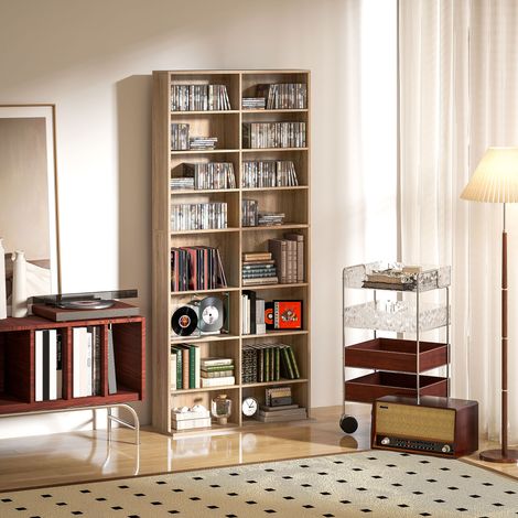 Meuble à DVD à 9 niveaux avec 18 compartiments et 14 étagères réglables, pouvant contenir 640 CD, 360 DVD ou 430 Blu-ray, en bois naturel (1/5)