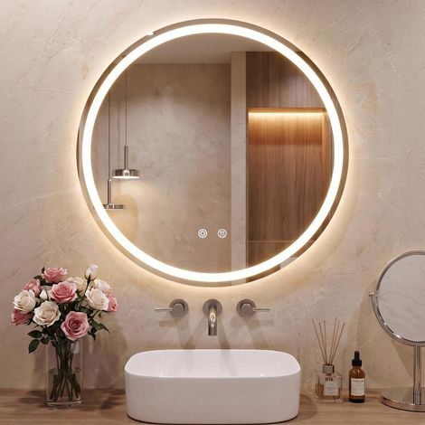 Miroir de Salle de Bain, Rond, 80 cm, LED, avec 3 Couleurs de lumière, à intensité Variable, Verre trempé, Protection Contre Les Explosions, Interrupteur Tactile, Fonction mémoire, Anti-buée (1/5)