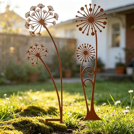 JeiibrZui Ensemble de 2 piquets de jardin rustiques en métal - 30 cm - Aspect rouille - Décoration extérieure Pusteblume (1/5)