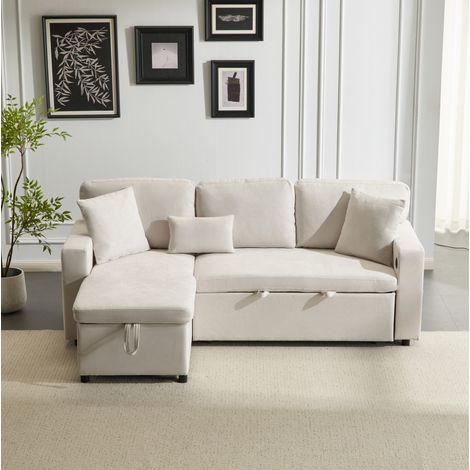 Canapé d’angle convertible 214x131x87 cm beige en flanelle avec rangement, USB et méridienne réversible (1/5)