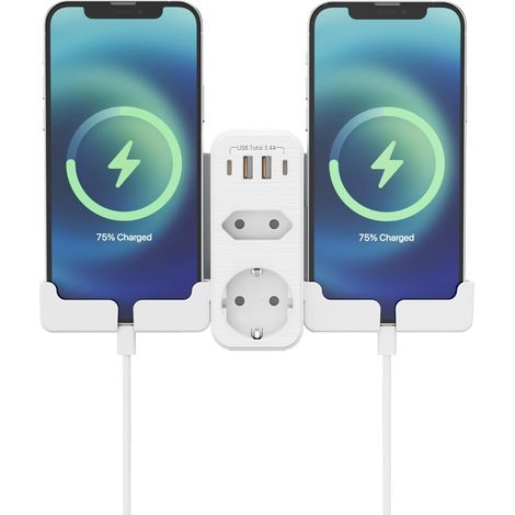 Chargeur USB multiprise, avec 2 prises 16 A, avec 4 adaptateurs de prise USB (2 USB C), montage mural, support téléphonique amovible des deux côtés, espace de bureau pour économiser de l'espace (1/5)