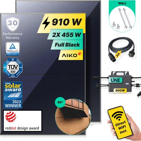 ROBINSUN®️ Kit Solar Enchufable Performance Wall 910Wp, 2 paneles Aiko 455Wp + 1 Microinversor 800W con Wifi incluído +Cable 3m + 2 Fijaciones 60º (1/5)