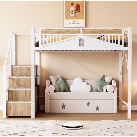 MEUBLIV Lit mezzanine 2 places 140 x 200 cm– métal et Bois – Escalier avec rangement – armoire – Garde-corps sécurisé –blanc (1/5)