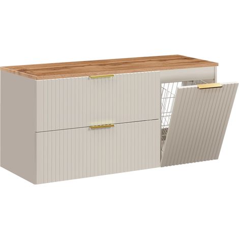 Furnidea - Meuble suspendu sous vasque ADEL CACHEMIRE 120 cm avec panier à linge et plan chêne - 2 tiroirs - Façades rainurées (1/5)