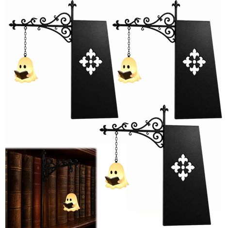 Lot de 3 serre‑livres décoratifs fantôme lisant, lampe suspendue LED lumière chaude, alimentation piles boutons pour bibliothèque Halloween (1/5)