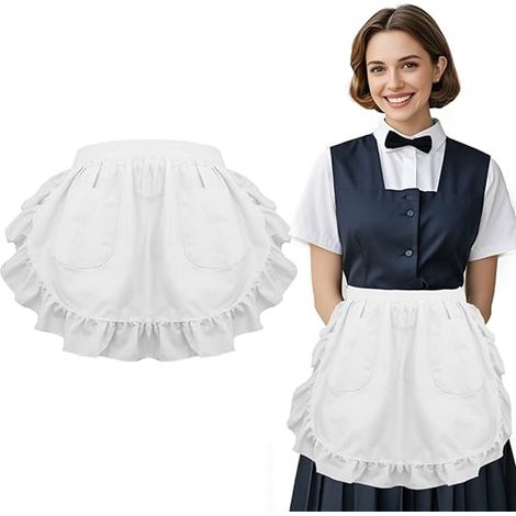 Tablier de cuisine court en dentelle, demi-tablier à double poche, jupe de chef ajustable, idéal pour la cuisine, les restaurants et les fêtes. Dimensions : 66 x 42,6 cm. Couleur : blanc. (1/5)