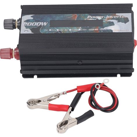 Convertisseur de puissance voiture 2000W Noir DC24V, ondes sinusoïdales, dissipation rapide de chaleur, écran LCD, 2 ports USB, entrée CC vers CA, idéal pour voyage. (1/5)