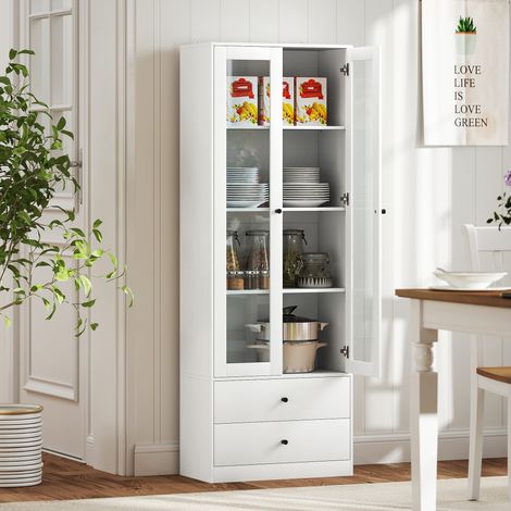 Meuble de rangement moderne avec placard à portes vitrées. étagères réglables et 2 59 tiroirs. x 30 x 164 cm. blanc