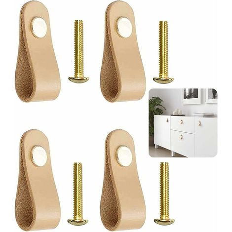 Lot de 4 poignées en cuir pour meubles, poignées d'armoire, avec vis, pour armoire, valise, cave à vin, boîte en bois, beige HIASDFLS (1/5)