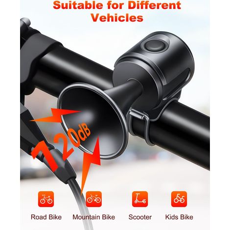 Elektrische Fahrradhupe, 120 Dezibel, für Lenker mit 22,2–32 mm Durchmesser, elektronische Fahrradklingel mit 3-V-Batterie, wasserdicht nach IPX4. (1/5)