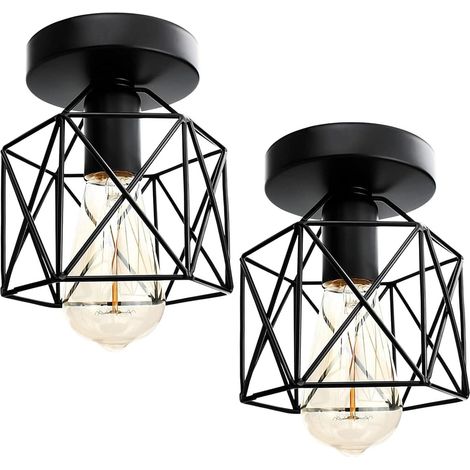 Ceiling Light Fixture Vintage Industrial Simple Black Ceiling Lamp Metal Cage Chandelier with Lampshade for Living Room Hallway 2PCS