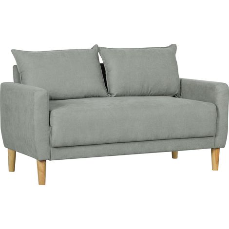 Canapé 2 places tissu gris avec accoudoirs, rangement intégré et 2 coussins amovibles, canapé moderne capitonné pieds bois pour salon, séjour, chambre